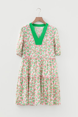 Green Contrast Neckline Ricrac Trim Floral Short Puff Sleeve Dress