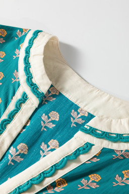 Green Contrast Trim V Neck Short Sleeve Floral Dress