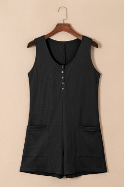 Black Waffle Sleeveless U Neck Buttons Romper With Pockets