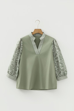 Grass Green Floral Puff Sleeve Contrast V Neck Patchwork Blouse