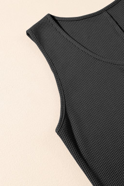 Black Waffle Sleeveless U Neck Buttons Romper With Pockets