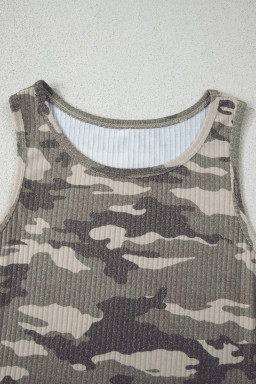 Green Camouflage Print Ribbed Knit Round Neck Tank Top