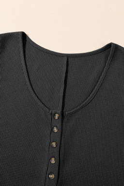 Black Waffle Sleeveless U Neck Buttons Romper With Pockets