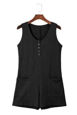 Black Waffle Sleeveless U Neck Buttons Romper With Pockets