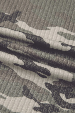 Green Camouflage Print Ribbed Knit Round Neck Tank Top