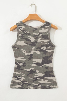 Green Camouflage Print Ribbed Knit Round Neck Tank Top