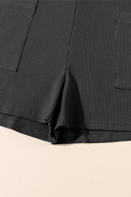 Black Waffle Sleeveless U Neck Buttons Romper With Pockets