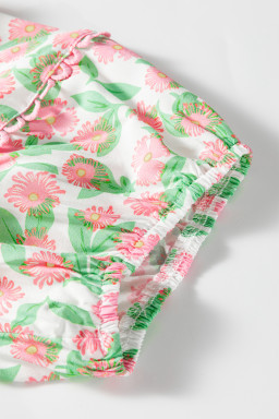 Green Contrast Neckline Ricrac Trim Floral Short Puff Sleeve Dress