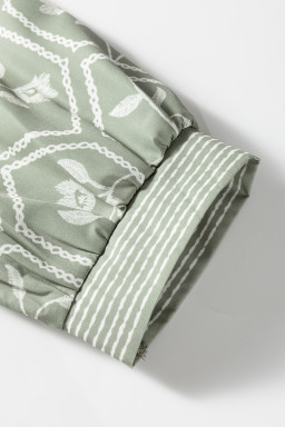 Grass Green Floral Puff Sleeve Contrast V Neck Patchwork Blouse