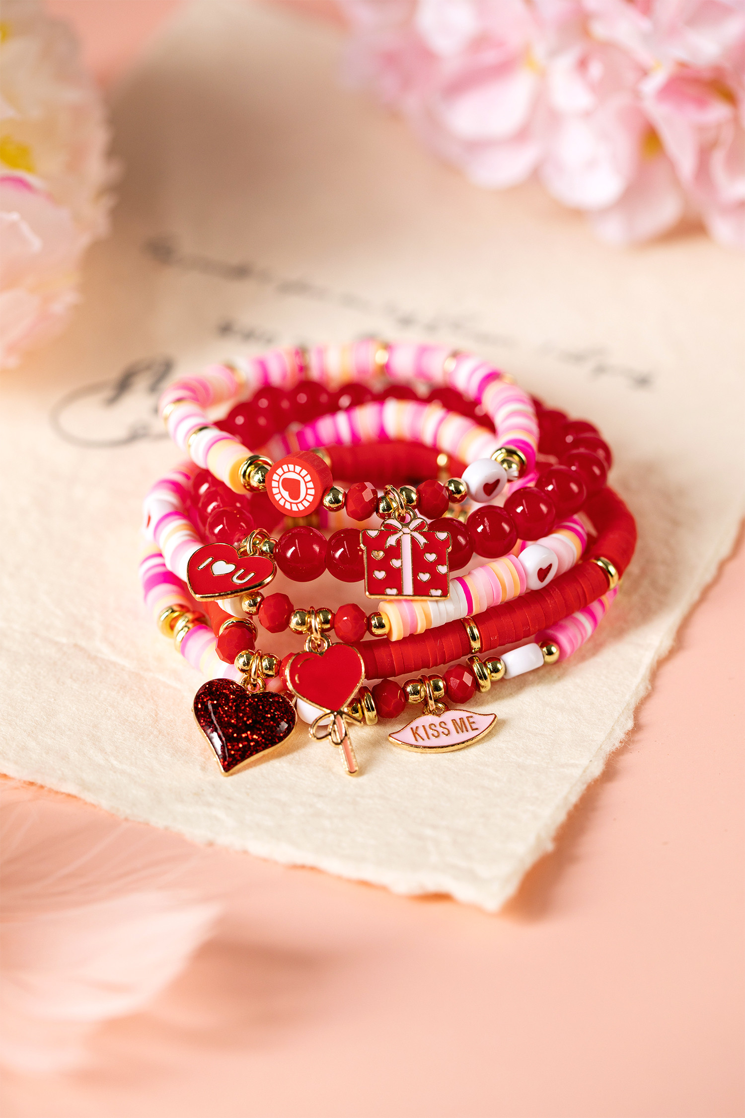Fiery Red 5pcs I Love U Valentines Day Sweet Bracelet Set