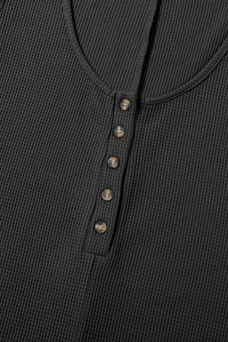 Black Waffle Sleeveless U Neck Buttons Romper With Pockets