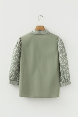 Grass Green Floral Puff Sleeve Contrast V Neck Patchwork Blouse
