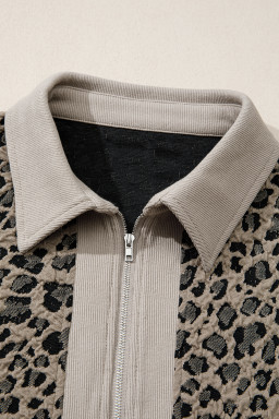 Beige Zip up Collared Leopard Cap Sleeve Top
