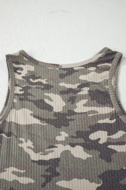 Green Camouflage Print Ribbed Knit Round Neck Tank Top