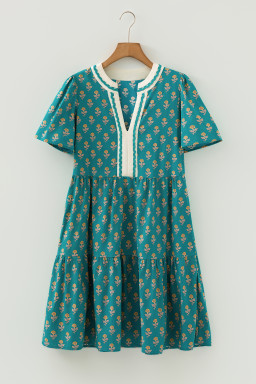 Green Contrast Trim V Neck Short Sleeve Floral Dress