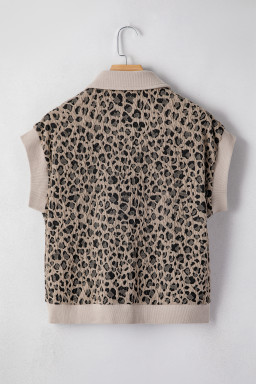 Beige Zip up Collared Leopard Cap Sleeve Top