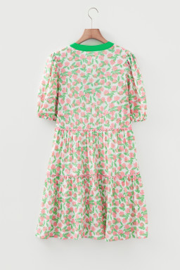 Green Contrast Neckline Ricrac Trim Floral Short Puff Sleeve Dress