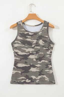 Green Camouflage Print Ribbed Knit Round Neck Tank Top