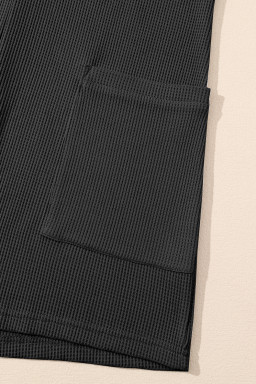 Black Waffle Sleeveless U Neck Buttons Romper With Pockets
