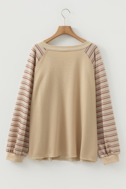 Parchment Striped Raglan Sleeve Notched Neck Raw Edge Plus Size Jumper