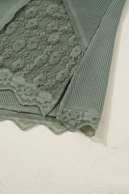 Sage Green Solid Color Waffle Ribbed Lace Patchwork Long Sleeve Top