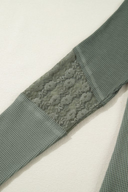 Sage Green Solid Color Waffle Ribbed Lace Patchwork Long Sleeve Top