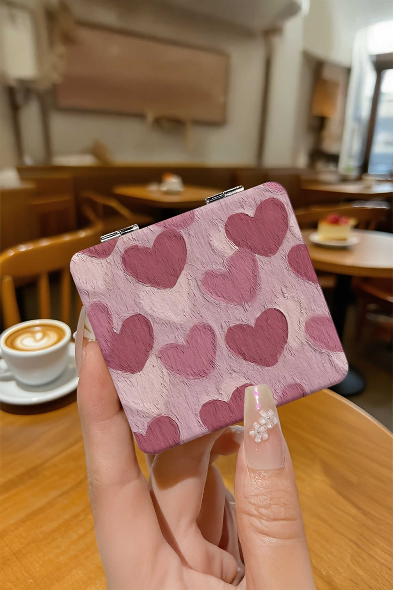 Mirall quadrat mini plegable portàtil de doble cara amb estampat de cor rosa clar