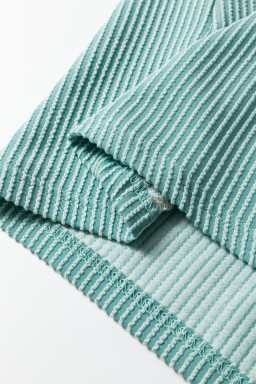 Light Blue Plus Size Contrast Frilled Neckline Ruffled Short Sleeve Ribbed Textured Blouse