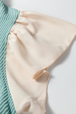 Light Blue Plus Size Contrast Frilled Neckline Ruffled Short Sleeve Ribbed Textured Blouse