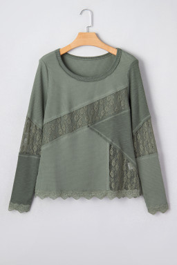 Sage Green Solid Color Waffle Ribbed Lace Patchwork Long Sleeve Top