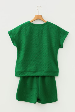 Dark Green Textured Short Sleeve Top and Shorts Set
