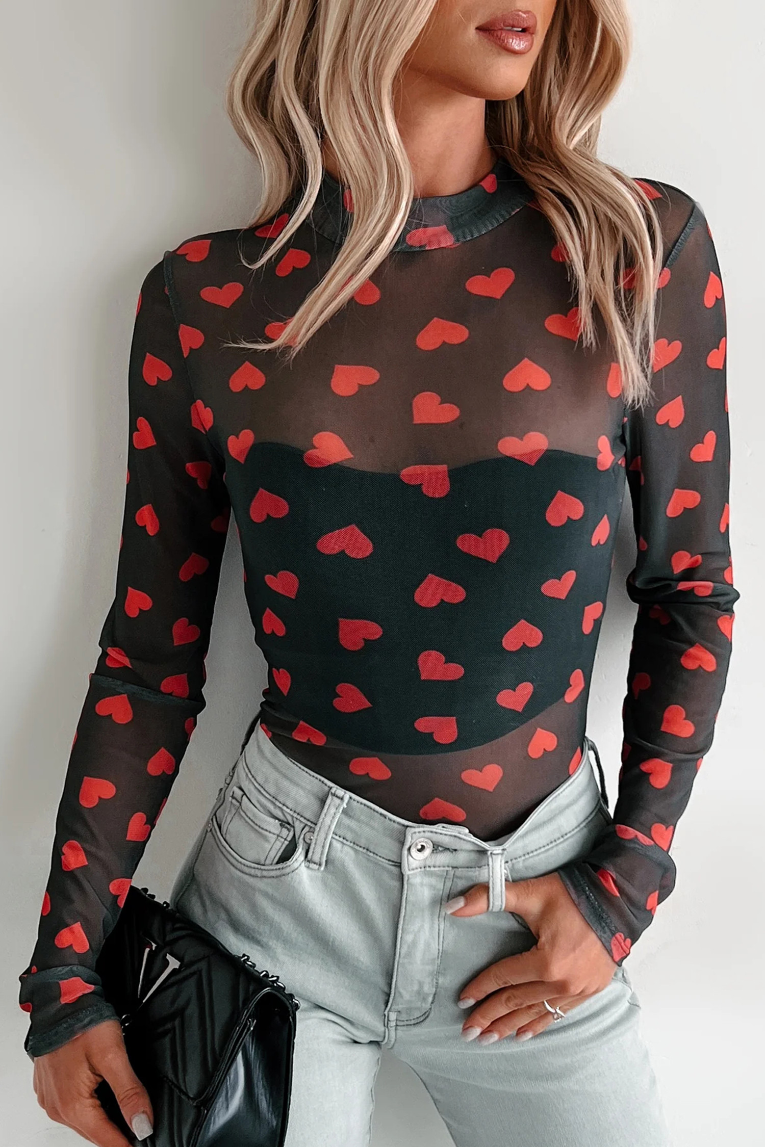 Black Valentines Heart Printed Sheer Mesh Long Sleeve Top