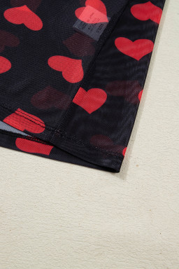 Black Valentines Heart Printed Sheer Mesh Long Sleeve Top