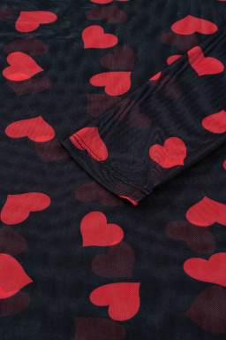 Black Valentines Heart Printed Sheer Mesh Long Sleeve Top