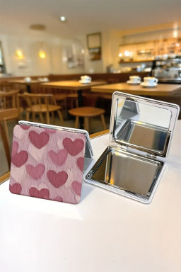 Light Pink Heart Printed Double-Sided Folding Portable Square Mini Mirror