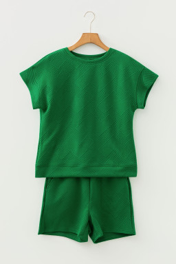 Dark Green Textured Short Sleeve Top and Shorts Set