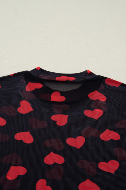 Black Valentines Heart Printed Sheer Mesh Long Sleeve Top