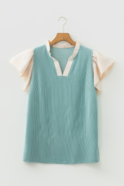 Light Blue Plus Size Contrast Frilled Neckline Ruffled Short Sleeve Ribbed Textured Blouse