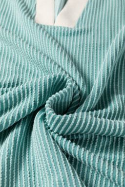 Light Blue Plus Size Contrast Frilled Neckline Ruffled Short Sleeve Ribbed Textured Blouse