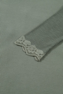 Sage Green Solid Color Waffle Ribbed Lace Patchwork Long Sleeve Top