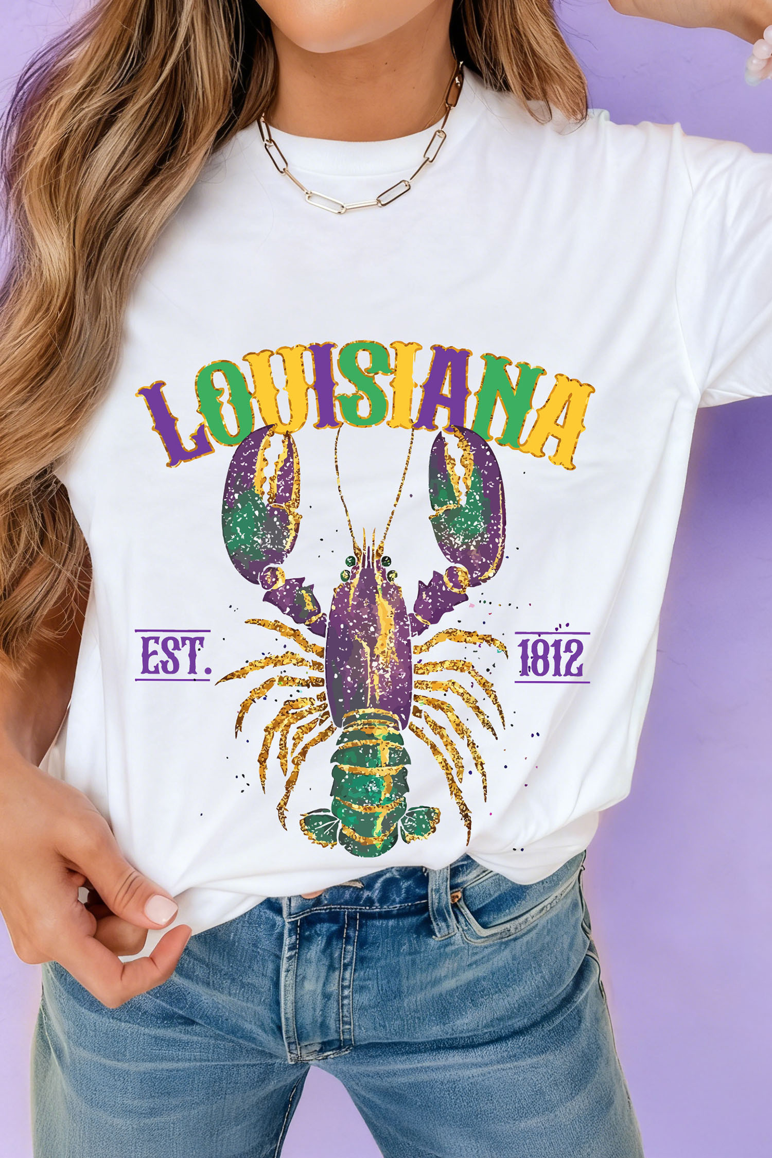 White LOUISIANA Mardi Gras Crayfish Printed Casual T Shirt