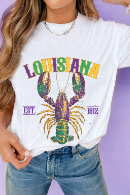 White LOUISIANA Mardi Gras Crayfish Printed Casual T Shirt