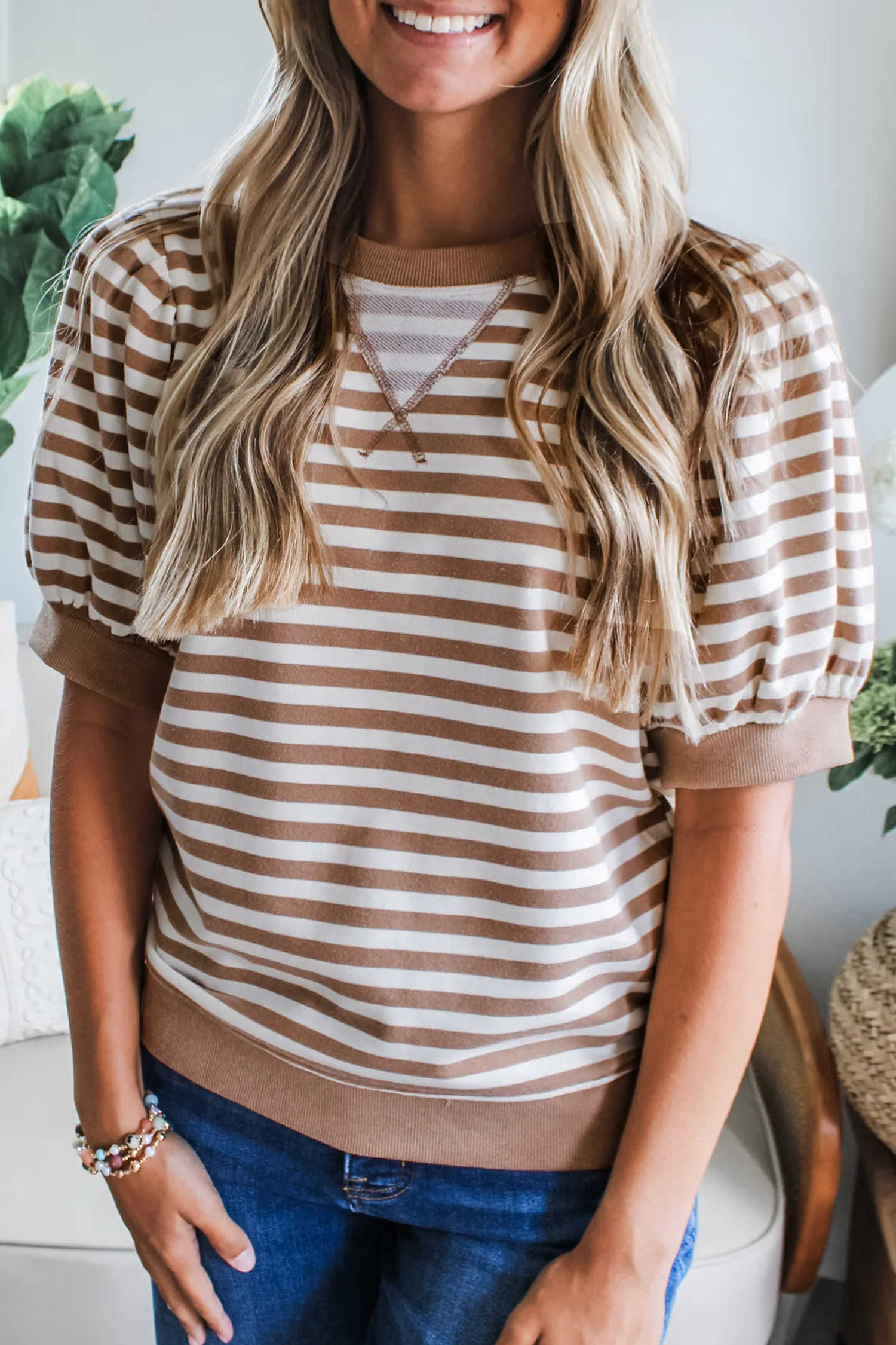 Orange Stripe Short Bubble Sleeve T Shirt