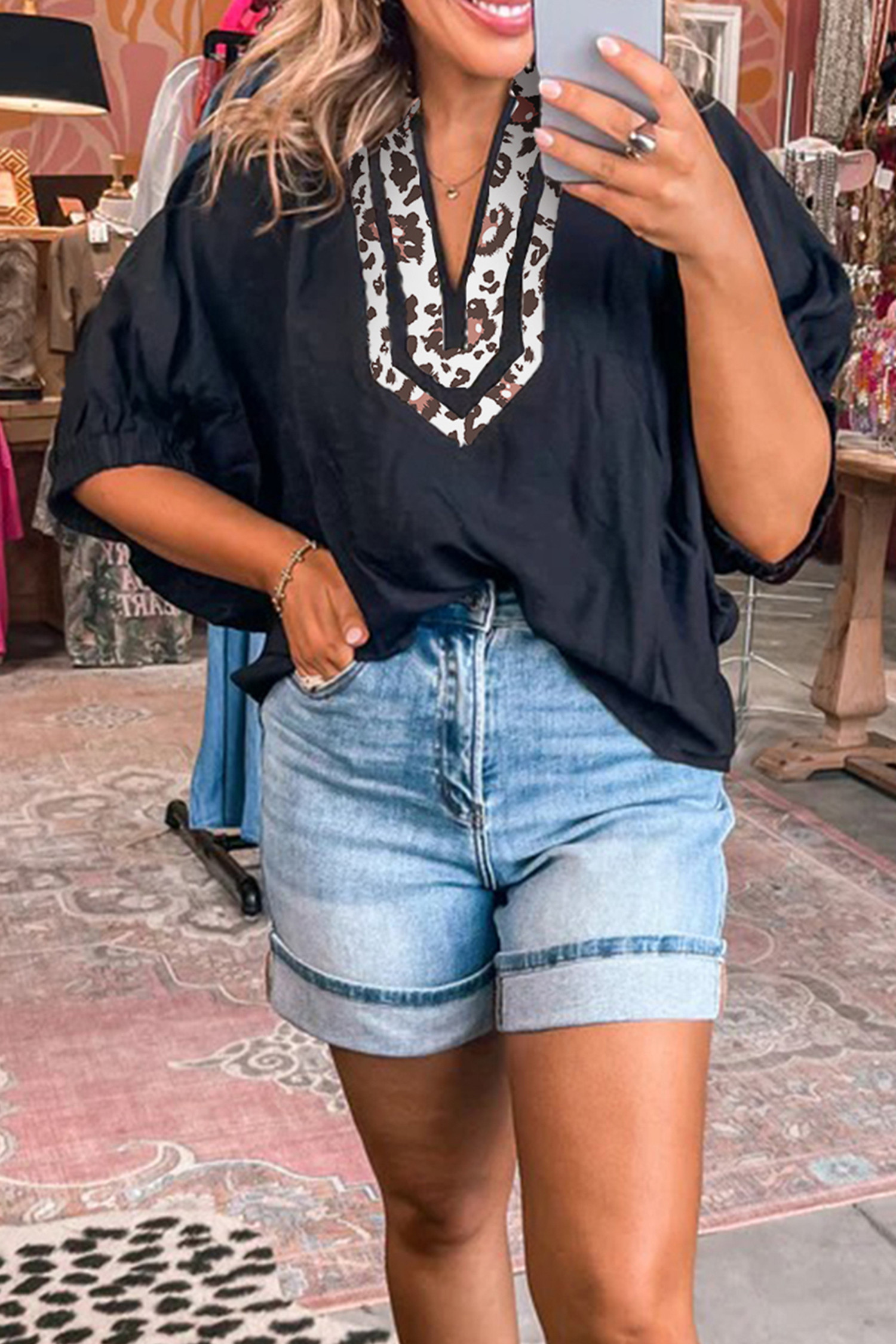 Black Dolman Half Sleeve Leopard Patchwork Trim V Neck Blouse