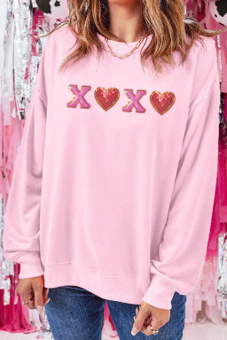 Pink XOXO Sequin Heart Patched Valentines Day Drop Shoulder Sweatshirt