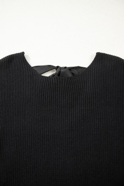 Black Ribbed Knit Ribbon Knot Backless Drop Shoulder Sweater