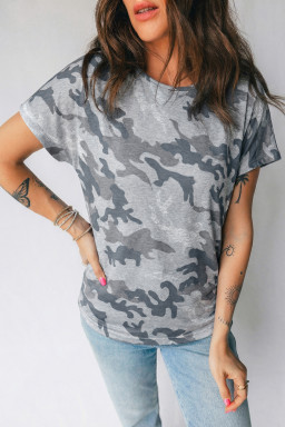 Gray Camouflage Print Round Neck T Shirt