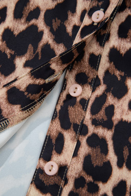 Brown Leopard Print Button Down Lace Trim Short Sleeve Shirt