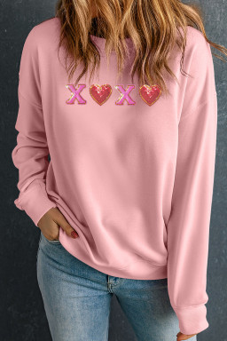 Pink XOXO Sequin Heart Patched Valentines Day Drop Shoulder Sweatshirt