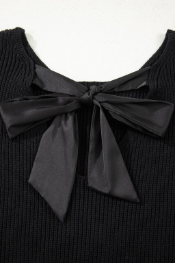 Black Ribbed Knit Ribbon Knot Backless Drop Shoulder Sweater